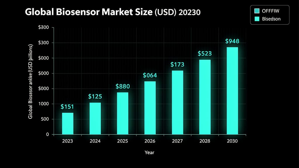 Rys. 1. Globalny rynek biosensorów 2023–2030 (mld USD). Źródło: Grand View Research, MarketsandMarkets.