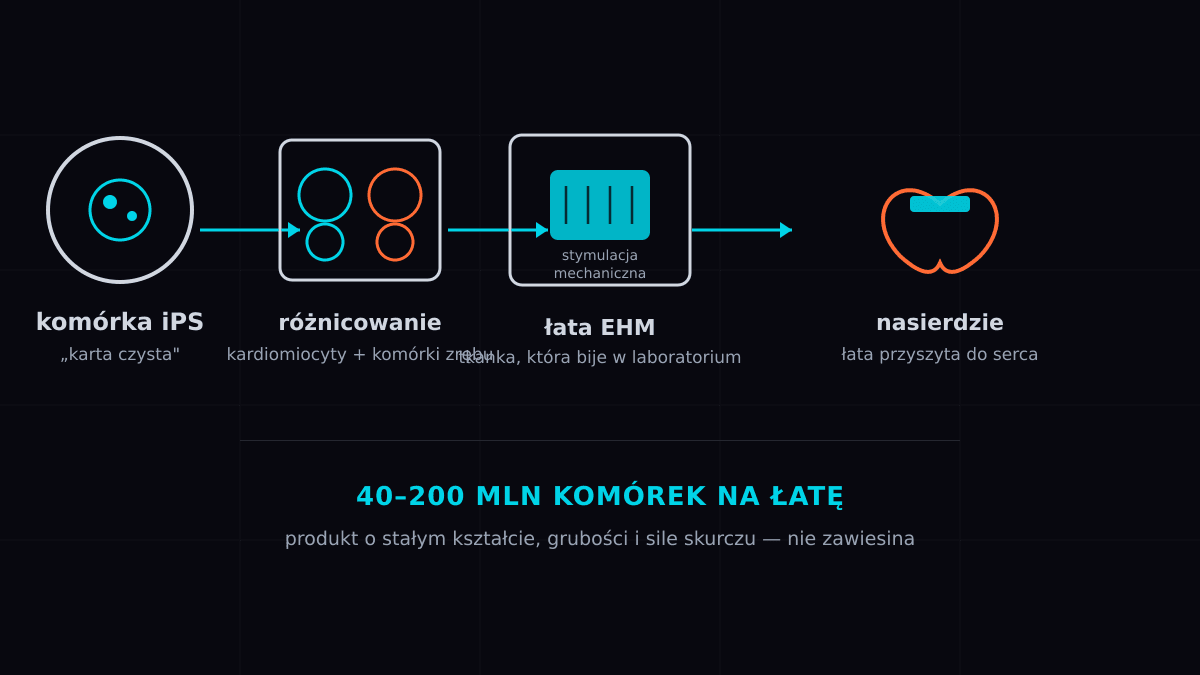 Rys. 2. Produkcja łaty EHM: komórki iPS różnicują się w kardiomiocyty i komórki zrębu, dojrzewają pod stymulacją mechaniczną, a gotową łatę przyszywa się do nasierdzia. Opracowanie własne TRL09.