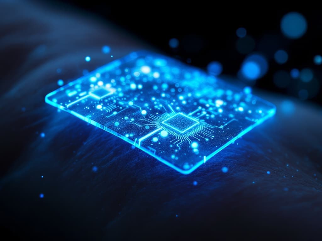 Mikroskopijna architektura nanosensora - świecące cyjanowe nanocząstki rdzeń-powłoka zatopione w elastycznej matrycy polimerowej na ludzkiej skórze
