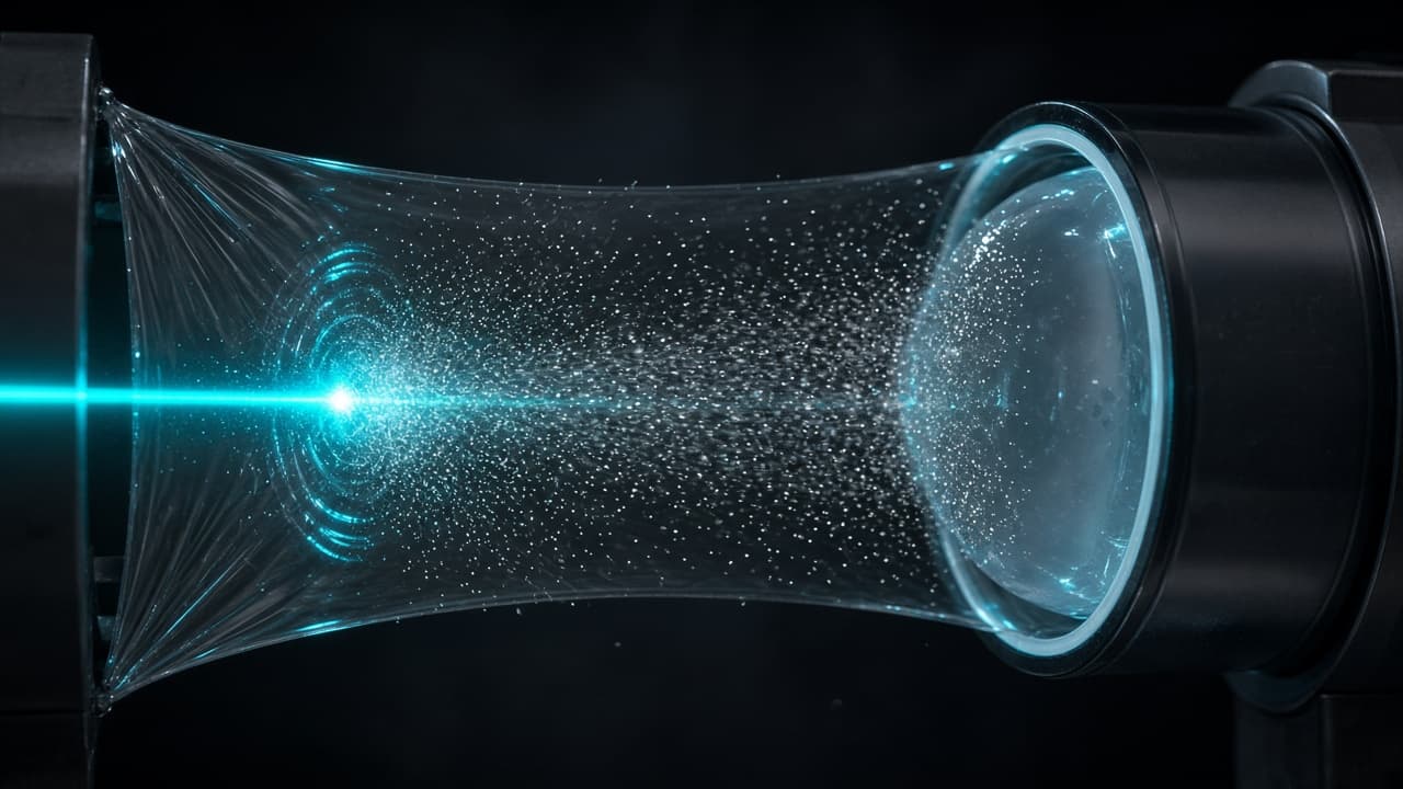 Ciemna scena: laserowy impuls zgniata folię PET; drobne kryształki diamentu wylatują do miękkiego zbieracza.