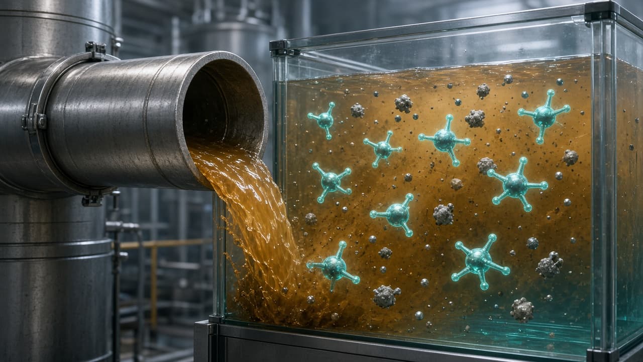 Rura ze ściekami z produkcji waferów: siderofory wyławiają jony galu z mętnej cieczy. Ilustracja koncepcyjna TRL09.