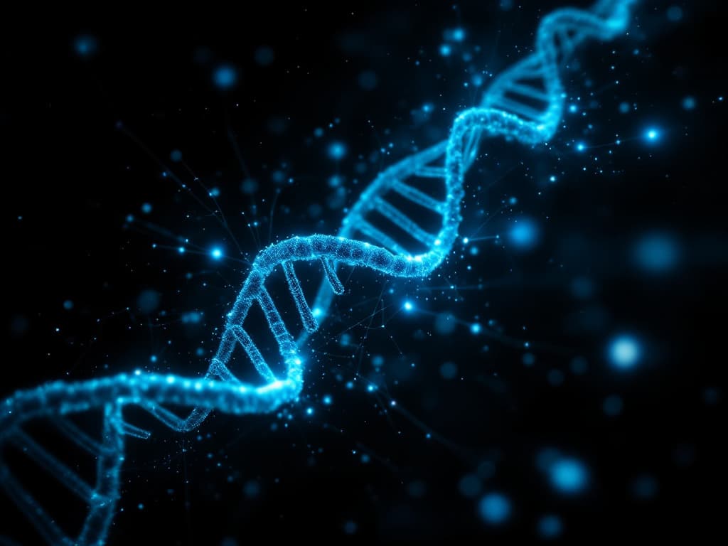 mRNA strand rendered as glowing digital code with neural network connections, dark cinematic aesthetic