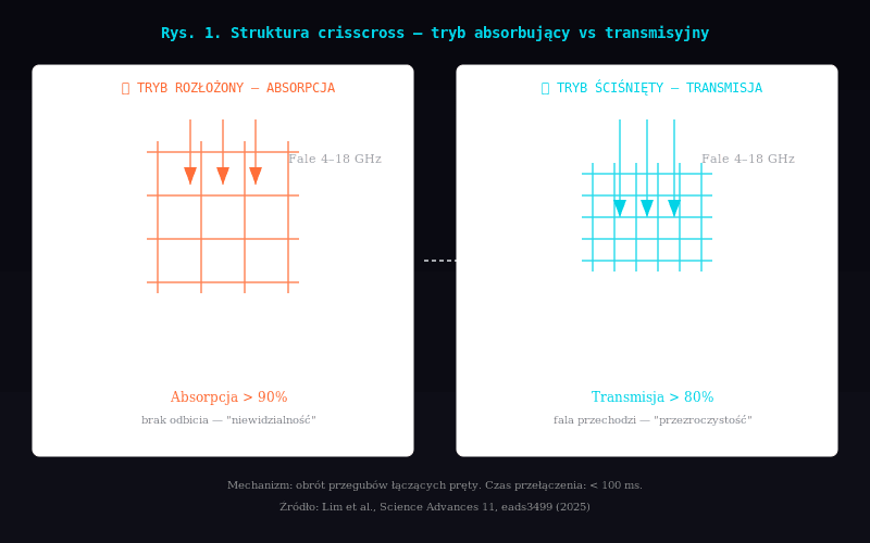 Rys. 1. Struktura crisscross — tryb absorbujący vs transmisyjny. Źródło: Lim et al., Science Advances (2025)