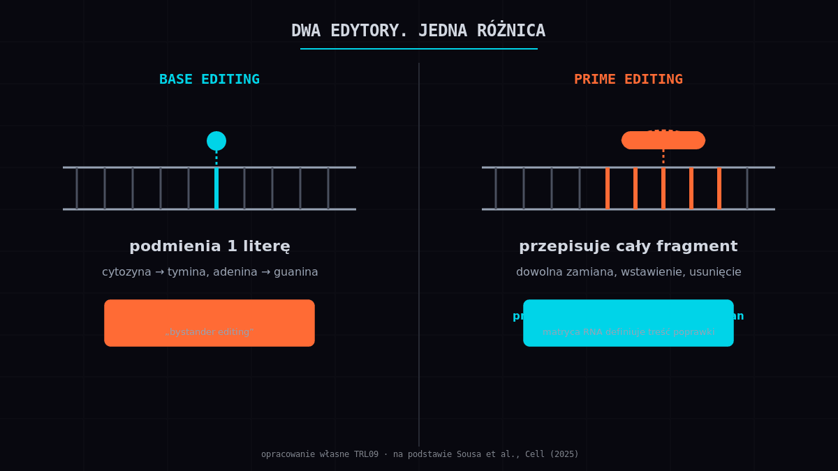 Rys. 1. Dwa edytory, jedna różnica. Base editing (po lewej) podmienia pojedynczą literę DNA, ryzykując przypadkowe zmiany sąsiednich liter. Prime editing (po prawej) przepisuje cały fragment według matrycy RNA. Schemat własny na podstawie: Sousa A. A. et al., Cell (2025), DOI: 10.1016/j.cell.2025.06.038.